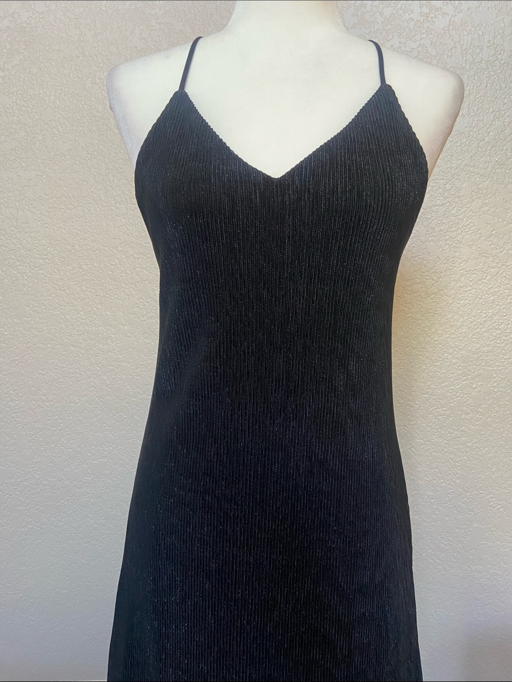 Pink Owl Black Ribbed V-Neck Slip Dress with Shimmer & Subtle animal print.
